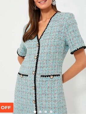 Aqua Tweed Button-Front Dress with Black Trim tuckernuck size M